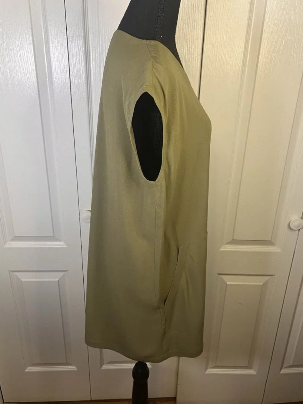 EILEEN FISHER Silk Georgette Crepe green Vneck Tunic Sz S Pockets Dolman Cap - Picture 5 of 8